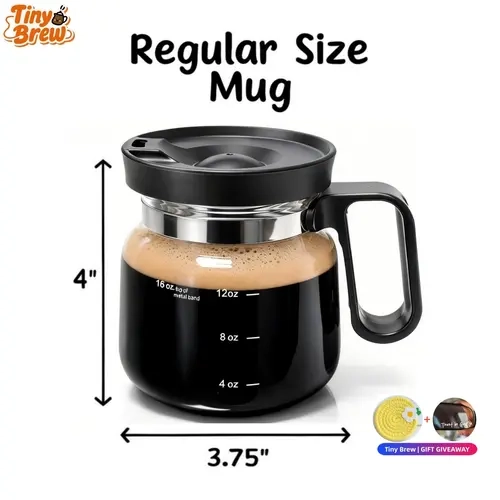 Tiny Brew 16 oz Glass Coffee Mug with Lid and Coasters and Decorative Sticker, Heat-Resistant Coffee Pot-Shaped Cup with Measurement Marks and Ergonomic Handle, Novelty Gift for Coffee Lovers
