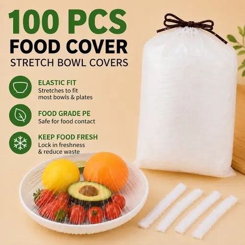 100PCS Single-Use Elastic Cover Kitchen Utensils, Disposable Stretch Food Covers for Storage Containers, Plastic Wrap Alternative for Bowl & Plate Lids