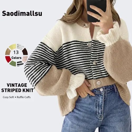 Saodimallsu Women's Fall Trendy Striped Knit Cardigan Sweater - Long Sleeve Ruffle, Button-Up, Loose Fit Color Block Polyblend Knitwear, Machine Wash Casual Wear Women's Tops Long Sleeve Tops,sohochic