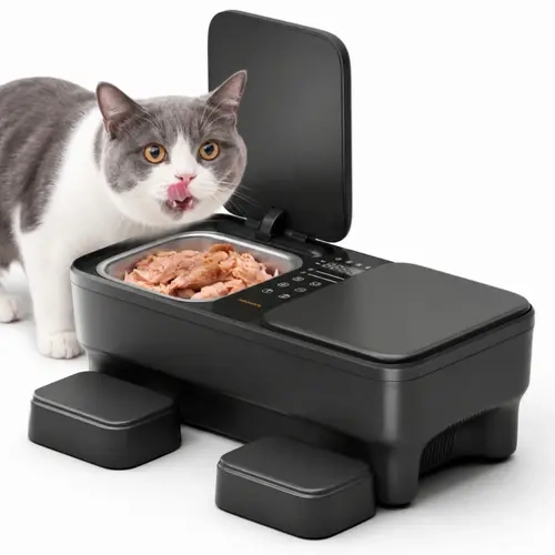 Meowant Automatic Wet Food Cat Feeder with Stainless Steel Feeding Tray - Semiconductor Cooling, Pre-Heating, 360° Even Temp, Dual-Bowl Independent Temp Control, Timed On/Off, Voice Call, for 1-2 Cats