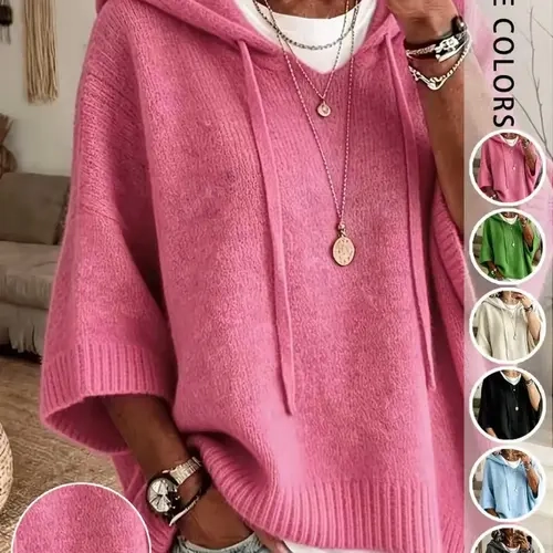 Women's Simple Hooded Knit Sweater, Loose V-Neck Half Sleeve Drawstring, Fall Winter Casual Pullover, Perfect for Daily Commute and Shopping