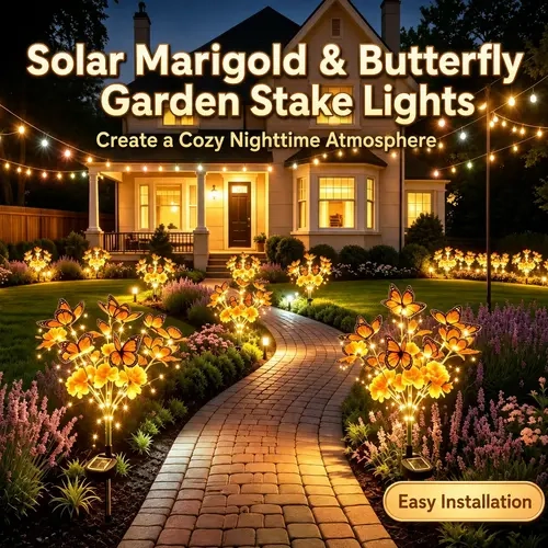 Solar Marigold-Butterfly Motif Garden Stake Lights, Artificial Flower Solar Outdoor Lights, Night Glow Yard Pathway Decor for Lawn Garden,sohochic