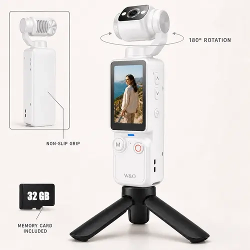 W&O New Vlogging Camera with 32GB Card, Digital Camcorder with 180° Rotating Lens, Back to School Camera for Students, Full Body Camera for Vlogging, Travel and Everyday Recording