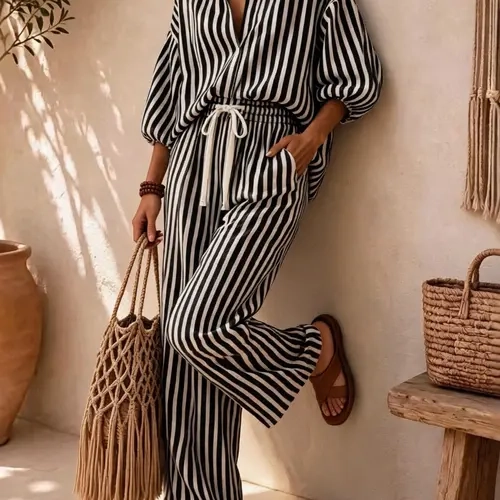 Women’s Two-Piece Casual Set, Striped Collared Half Placket Top and Pants, Comfortable Lounge Outfit for Home, Vacation and Daily Wear