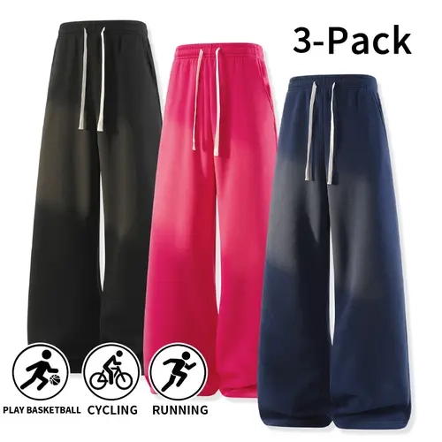 Men’s Soft Comfy Baggy Athletic Sweatpants - Straight-Leg Casual Sports Pants, Drawstring Athleisure Bottoms, American Street Style, Fitness Gym Clothes, Autumn Wear, 3-Pack or Single Pack Options