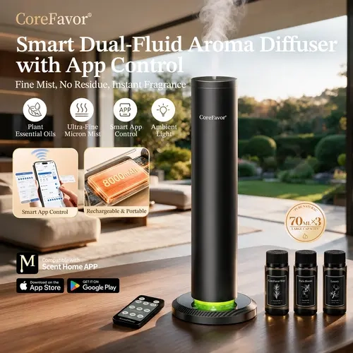CoreFavor Smart Waterless Aroma Diffuser, Dual-Fluid Essential Oil Diffuser with App Control, Remote Control & Touch Button, 4 Color LED Ambient Light, Breathing Light Mode for Bedroom, Office, Home, Yoga Room,back to school,back to school haul,sohochic