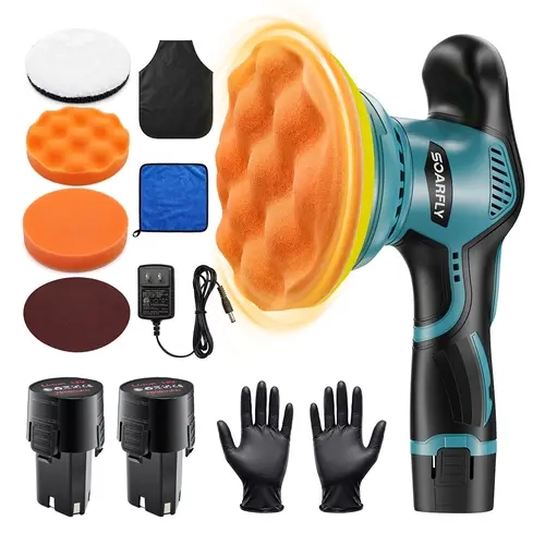 Soarfly Cordless Car Polisher Kit, 12V (2 Batteries), 8 Speeds (2800–5500 RPM) for Car Detailing, Waxing