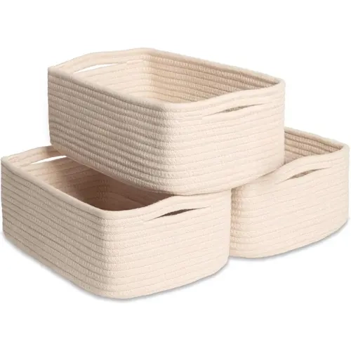 3-Pack Classic Cotton Rope Woven Storage Baskets (11.8"x8"x4.5"), Home Organiser with Closet Storage Containers for Small Room Organization Products, Nursery Cube Shelf Decor