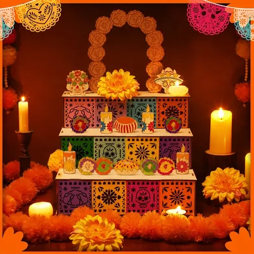 3-Tier Mexican Day of the Dead Traditional Wooden Altar Display Set, Colorful Multicolor Día de los Muertos Decoration with Skull, Marigold, Candle, Papel Picado Pieces, Festive Photo Prop, Flower,sohochic