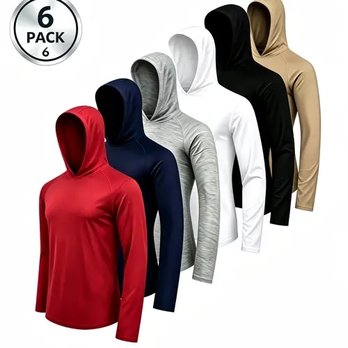 6Pcs Men's Hooded Long‑Sleeve Dry‑Fit Shirts, Ice‑Cool Quick‑Dry Breathable Fabric, Moisture‑Wicking Sun‑Protection Rash‑Guard Fishing Hoodie, Windproof Lightweight All‑Season Cooling Workout Tops for Running Cycling Gym Fishing, Outdoor Travel & Camping