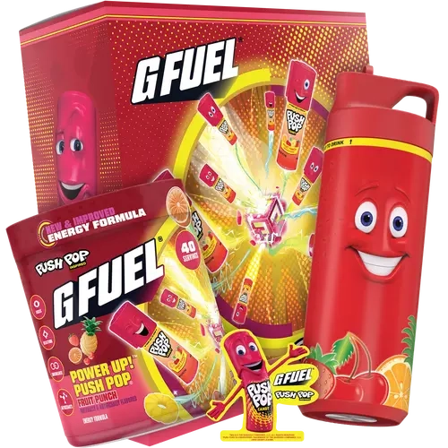 G FUEL Energy Formula | Power Up! Push Pop Collector's Box | Fruit Punch | Collectible Box and Custom Metal Sipper