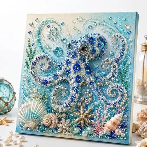 Unisex Ocean Theme Pearl Art DIY Crafts Kit with Pearl Gems - Diamond Art Mosaic Needlework Handicraft, Sparkling Coastal Wall Decor for Adults, Ocean Crafts Project