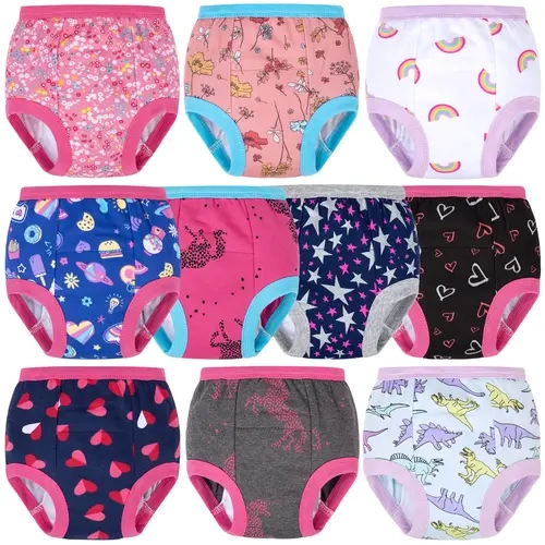 Big Elephant Girls' 10-Pack Potty Trainer for Toddler, Reusable Cotton Potty Training Pants, Elastic Waist, Limited Absorbency, Cute Mixed Prints, Sizes 1T-9Y,sohochic