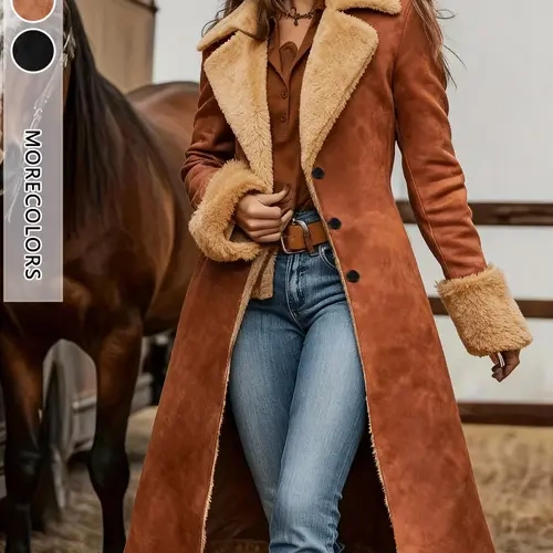 Women's Long Western‑Style Faux Suede Overcoat, Fall Winter Notched Lapel Plush Lining, Loose‑Fit Warm Coat