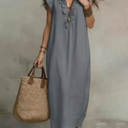 Women's Summer Casual Loose Pure Color V-Neck Fashion Sleeveless Linen Dress, Perfect for Daily Wear, Comfortable and Stylish Ladies' Dress