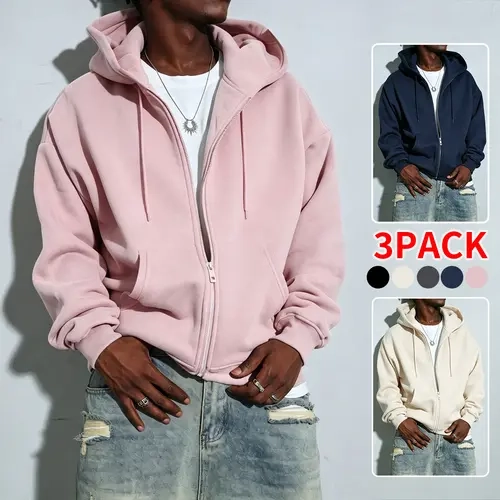 Men's 3-Pack or Single Autumn & Winter Oversized Suede Zip-Up Hooded Cardigan, Menswear Plain Long Sleeve Stylish Sweatshirts, Hip-Hop Street Style Loose Casual Outerwear, Versatile Everyday Top