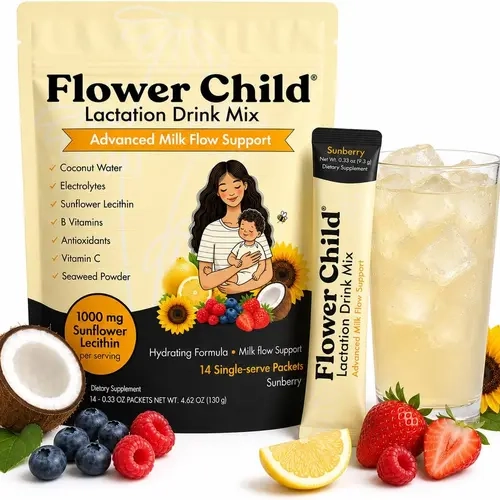 Flower Child Lactation Drink Mix for Breastfeeding Moms, 1000 mg Sunflower Lecithin, Electrolyte Powder with Coconut Water & Vitamins B6, B12 & C, Hydration Milk Flow Support, 14 Stick Packs