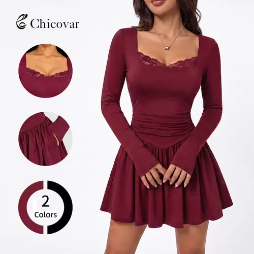 Chicovar Women's Lace Trim Square Neck Long Sleeve Mini Dress with Pockets Elegant Cinched Ruched Waist A-Line Fall Dresses for Date Night, Casual Daily, Going Out, Party, Sohochic