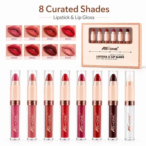 Women's 8 Pcs/Set 2-in-1 Lipstick & Lip Gloss Collection - Curated Shades, Dual Texture Design, Flexible Finish Switch, Non-Sticky Glossy Formula, All-Day Comfort, Ideal for Daily & Dating Makeup,sohochic