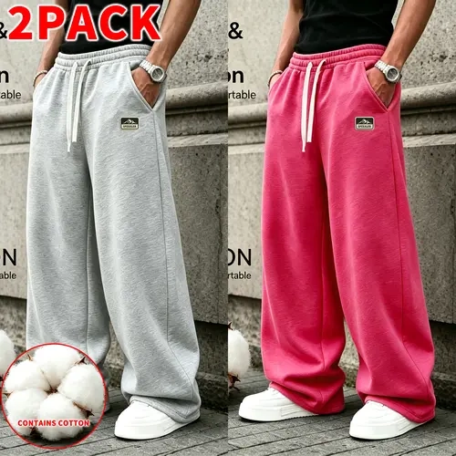 2-Pack Men’s Cotton Wide-Leg Sweatpants, Drawstring Elastic Waist, Loose Street-Style Casual Joggers