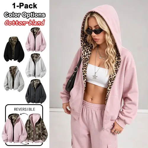 Unisex cotton-blend zip-up leopard-print hoodie, couples’ style double-sided loose athletic sweatshirt, casual versatile street-style top suitable for everyday wear sohochic