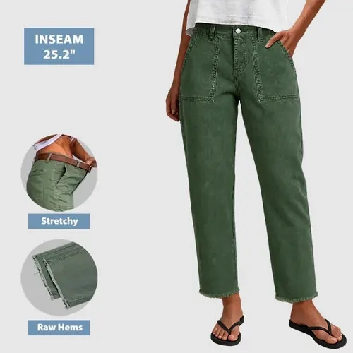Flamingals Raw Hem Patched Pocket Mid Waist Straight Leg Crop Pants Without Belt Stretchy 25.2'' Inseam