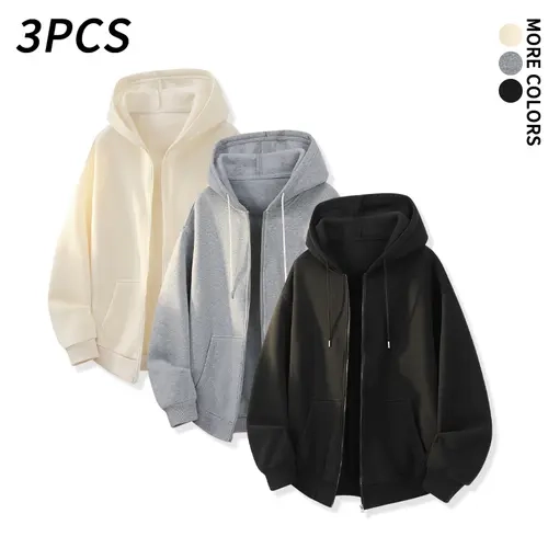 SPEEALER Men's 3-Piece Polyester Zip-Up Hoodies, Comfortable Loose-Fit Solid Color Hooded Sweatshirts, Basic Casual Clothes for Autumn/Winter Streetwear, Ideal Gift
