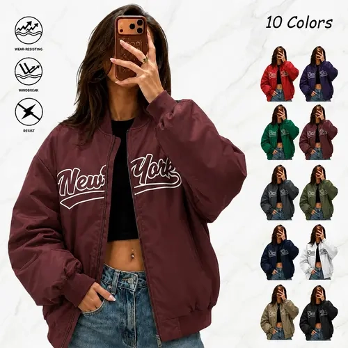Women’s Lightweight Aviator Jacket - New York Print Zip-Front Collegiate-Style Oversized Loose-Fit Casual Outerwear Clothes for Outdoor Activities, Cycling (Multiple Colors Available),sohochic