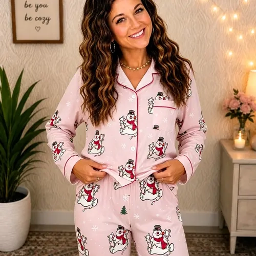 Christmas Retro Pajama Set, Vintage Snowman & Light Print, Comfortable 2-Piece Long Sleeve Button Home Wear, Holiday Winter Sleepwear, Loungewear