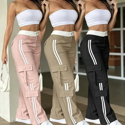 3PCS 100% polyester Y2K women’s cargo pants, casual side-seam woven tape design with contrasting colors, multi-pocket long pants with rolled cuffs and striped detailing, large-capacity pockets, outdoor workwear, beltless design, suitable for year-round ca