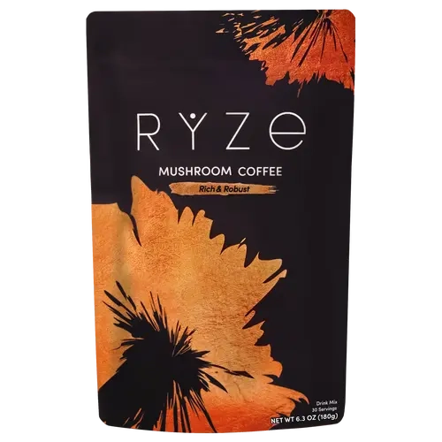 RYZE SUPERFOODS Instant Dark Roast Mushroom Coffee - 6 Adaptogenic Mushrooms Blend (Lion's Mane, Turkey Tail), Prebiotic Blend, Supports Energy, Focus, Digestion, 30 Servings, Adaptogenics Instant Coffee
