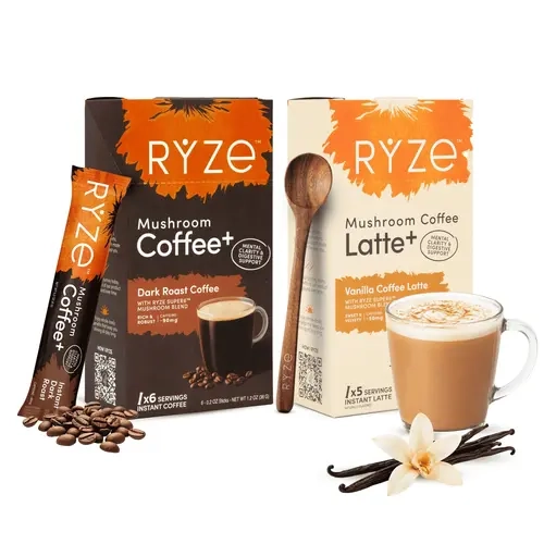 RYZE SUPERFOODS Dark Instant Coffee Stick Pack Bundle - Dark Roast Latte Blend, Vanilla Flavor, Coconut Milk Infused