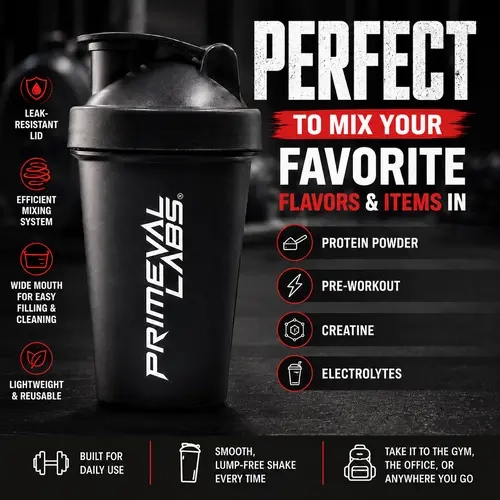 Primeval Labs Perfect Shaker for Protein Powder Pre-Workout Creatine Electrolytes Lightweight Reusable Leak-Resistant Lid Efficient Mixing System