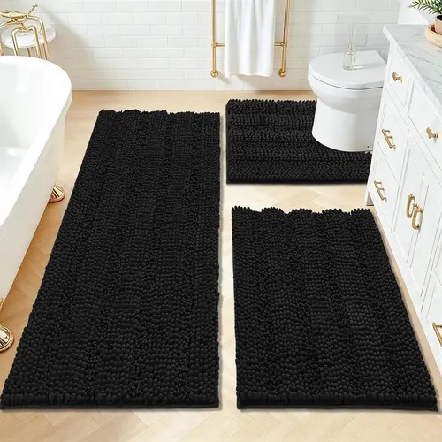 [Back to School] HEBE 3-Piece Non-Slip Washable Chenille Bathroom Rugs Sets with U-Shaped Toilet Mat, Super Absorbent Thick Plush Bath Mats for Shower & Tub Area, Bathroom Accessories