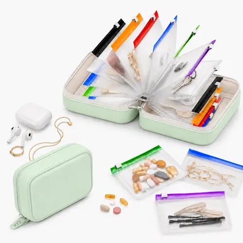 14-Pouch Portable Pill Organizer Case with Color-Coded Reusable Zipper Bags, Compact Travel Medication Storage Organizer for Vitamins, Supplements & Daily Essentials