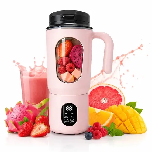 580ML Cordless Handheld Blender, USB Rechargeable Kitchen Appliance with LED Display, 22000 RPM, BPA-Free Food Grade Material, Self-Cleaning Ice Crusher for Smoothies, Blush Pink, Usb Charge,sohochic