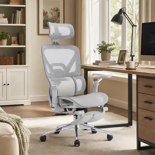 MOJAY Ergonomic Office Desk Chair - Chair for Desk with 4D & 6D Armrests, 3-Zone Lumbar Support, Thick Cushion Seat, Footrest, High Back Mesh Design, Mesh Fabric