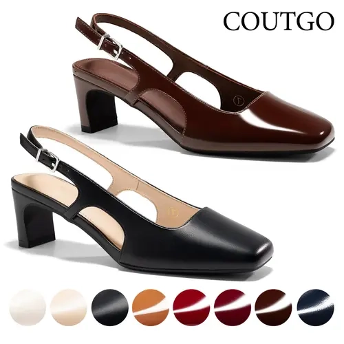 Coutgo Womens Slingback Chunky Low Heels Closed Square Toe Pumps Wedding Party Dress Shoes sohochic