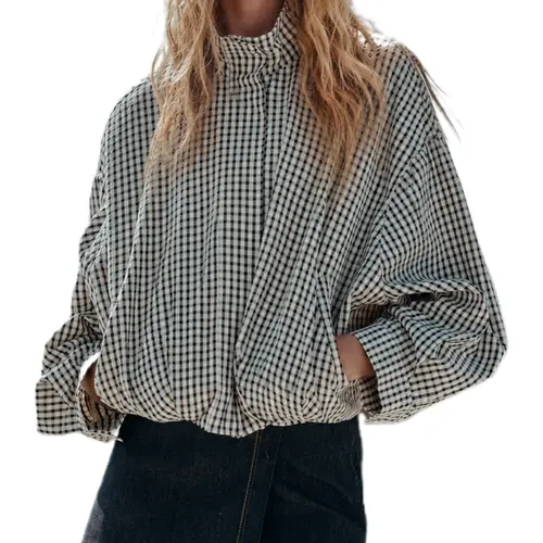 Buenoble Women's Gingham Cropped Jacket – Oversized High Neck Zip Up Checkered Coat, Casual Lightweight Fall Outerwear