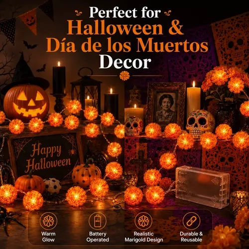 Battery-Operated Orange Marigold Flower String Lights, 3M-20 LED/6M-40 LED Floral Garland for Halloween Decorations, Day of the Dead Altar Use