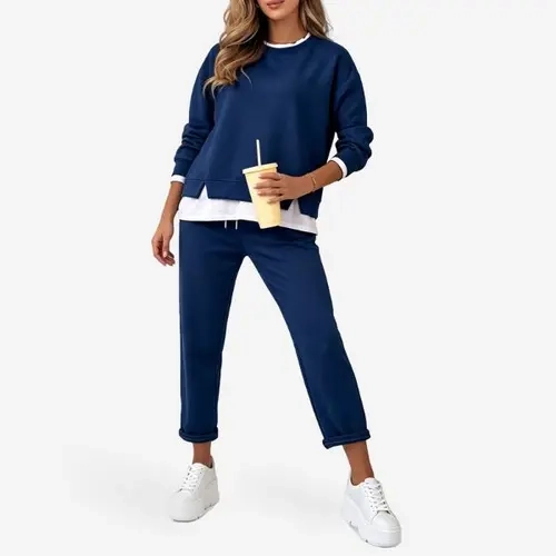 Fisoew Women's 2 Piece Set Air Layer Fabric Fake Two Piece Layered Crewneck Long Sleeve Sweatshirt & Drawstring Medium Length Cropped Jogger Pants Loungewear Set Women's Loungewear Sets Clothes Clothes Chic Lightweight SohoChic