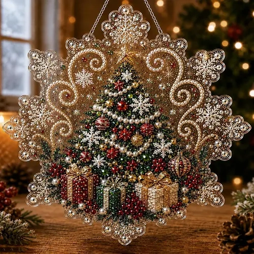 DIY Christmas Festive Diamond Art Pearl Suncatcher Craft Kit for Unisex Adults - Pre-Assembled Metal Chain, Acrylic Snowflake Board with Lace Edge, 3D Mixed-Sized Pearl Beads (8in)