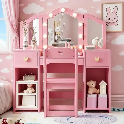 【ChristmasGifts】Garvee Princess Style Kids Vanity Table and Chair Set - Sturdy Makeup Desk for Girls - Perfect for Bedroom or Playroom - Durable Pink Children's Furniture  SohoChic