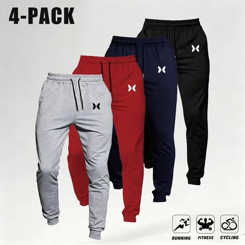 Men’s 4-Pack Casual Loose Joggers - Soft Knit Stretch Fabric Sweatpants with Pockets, Barbell Print, Retro Street Style Sportswear, Autumn Fitness Base Layer, Men's Sweatpants,sohochic