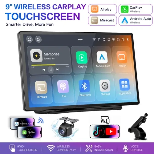 New Upgraded 9" Portable Wireless CarPlay Screen - Car Electronics Incar Upgrade with CarPlay, Android Auto, GPS Navigation, Mirror Link, Rear Camera, Voice Control, HD Resolution | Requires Mobile Data, Ignore Other Wi-Fi Networks, Car Screen Carpla,tool