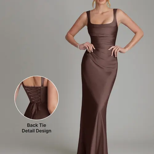 Azazie Agustina Square Neck Pleated Lace-Up Corset Mermaid Bridesmaid Wedding Formal Evening Stretch Satin Dress sohochic