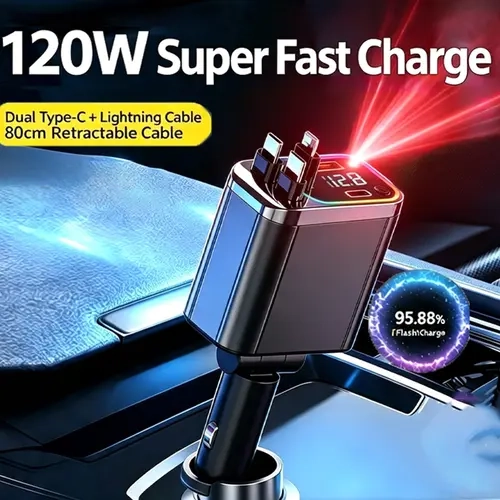 Metal Body Retractable Car Charger - 120W Output,Dual Charge PD Adapter, 180° Swiveling Fast Charging Station with RGB Starry Light & Voltage Display for iPhone Samsung, Cars Accessories,toolupgrade