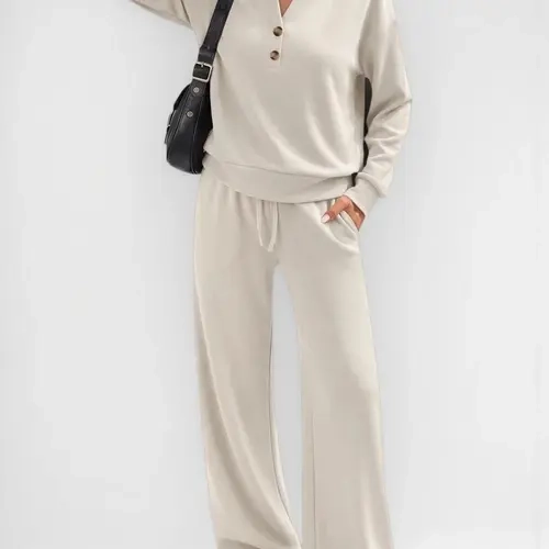 Women's Two-Piece Set Henry Neck V-Neck Long Sleeve Fall Casual, Tall Women's Leisure Suit, Comfortable Sporty Autumn Winter Wear, Wide Leg Pants Home Set
