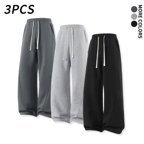 SPEEALER Men's 3-Pack Polyester Sweatpants - Loose Wide-Leg, Elastic Drawstring Waist, Stitched Detailing, Long-Length Street Style Casual Pants for Autumn-Winter Daily Wear, Men's Sweatpants