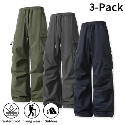 3‑Pack Men’s Waterproof Cargo Pants, Loose Wide‑Leg Design, Elastic Waist with Drawstring, Multiple Pockets, Outdoor Hiking Trousers